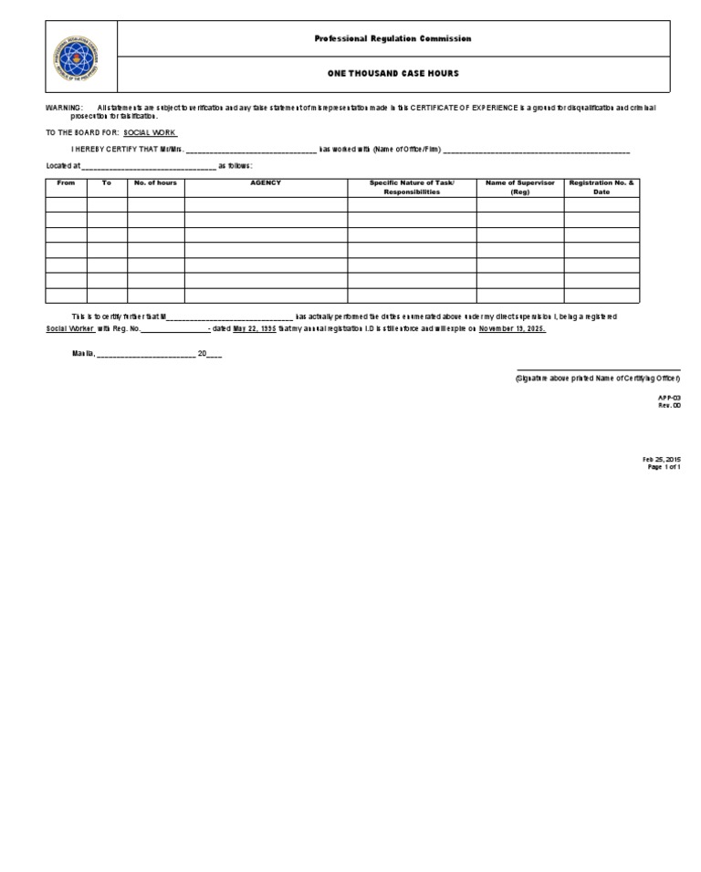PRC 1000 Case Hours Certification Form | PDF
