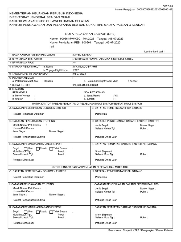 Ekspor MV Inlaco Bright ke China | PDF