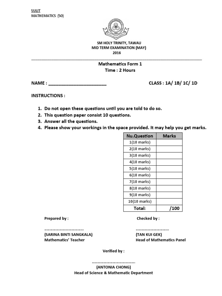 Form 1 Mathematics Mid-Term Exam 2016 | PDF