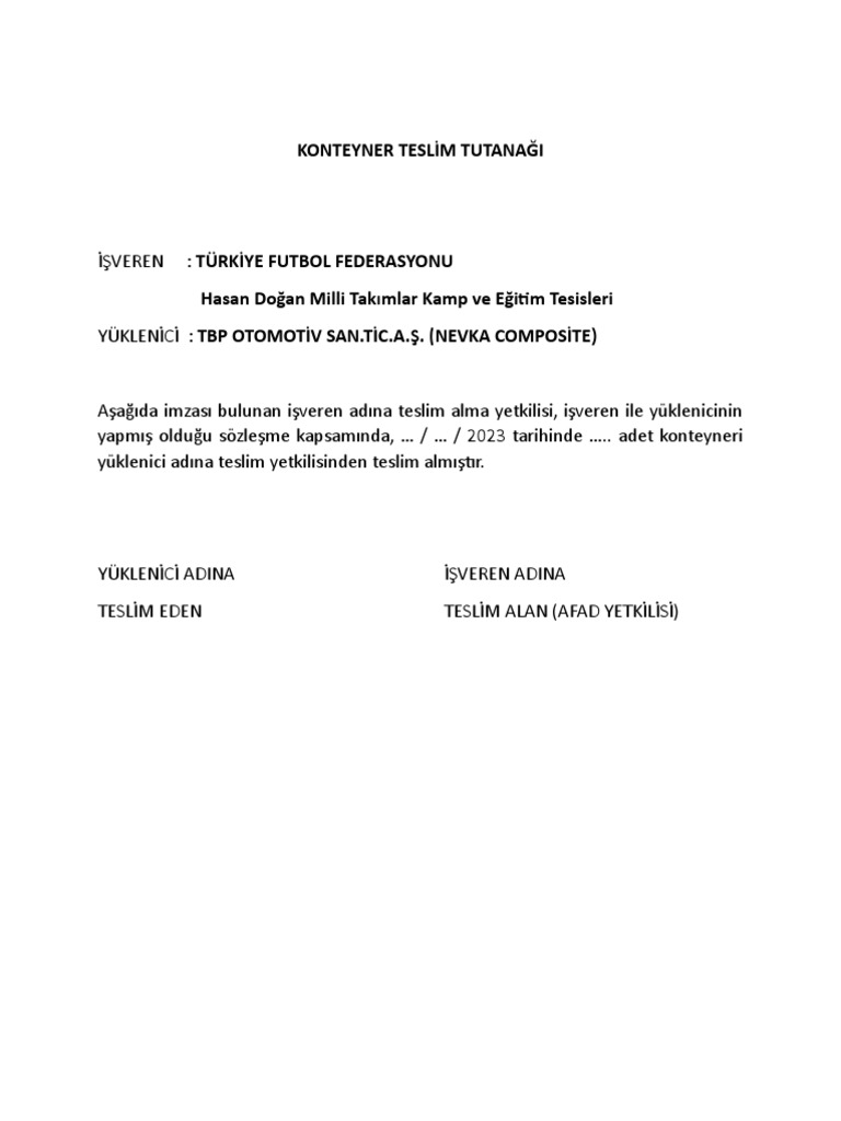 TFF Konteyner Teslim Tutanağı | PDF