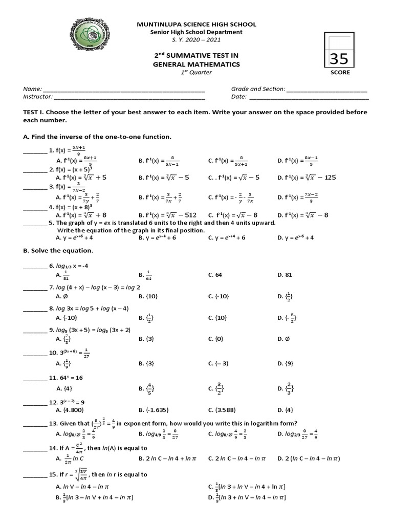 Summative Test 3 Gen Math Inverse Exponential and Logaritmic Functions ...