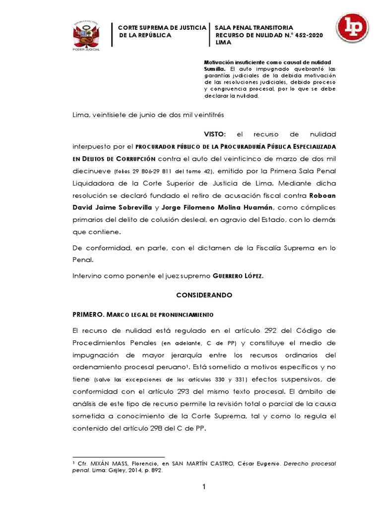 Recurso de Nulidad 452 2020 Lima LPDerecho | PDF | Fiscal | Sentencia (ley)