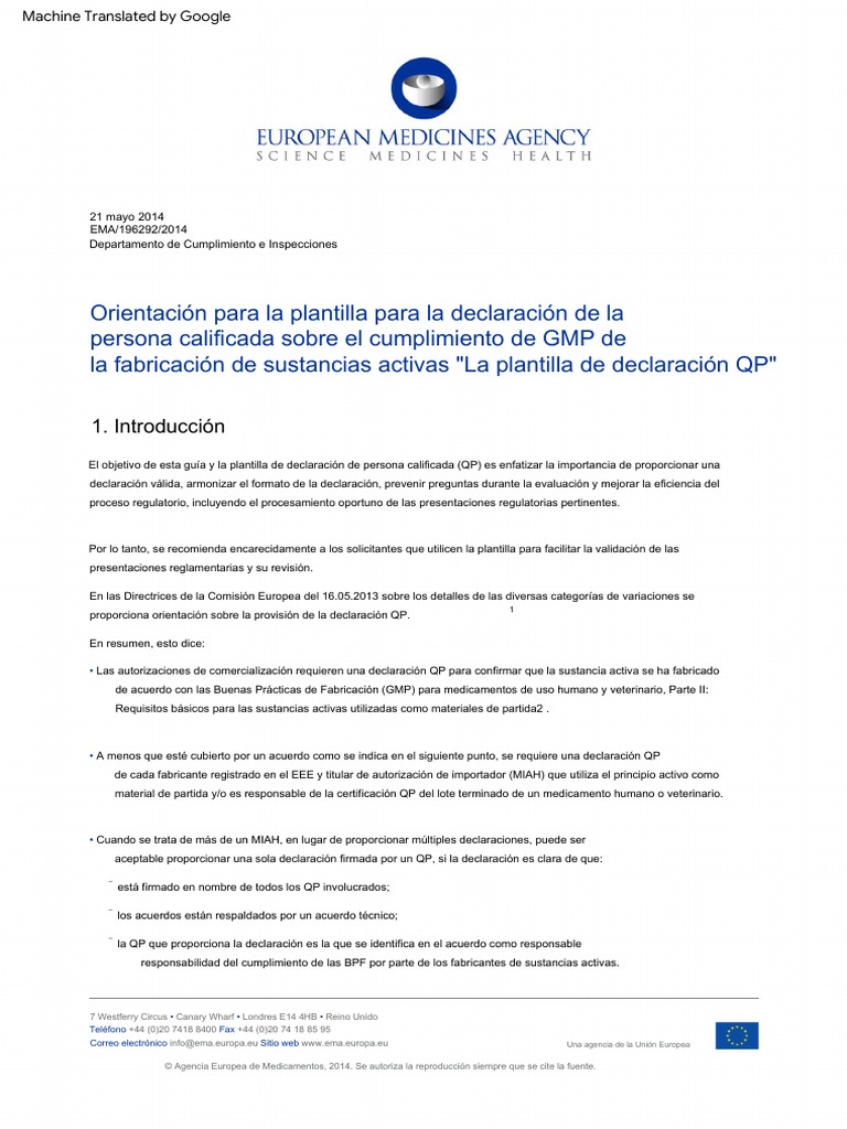 Guidance Template Qualified Persons Declaration Concerning Good ...