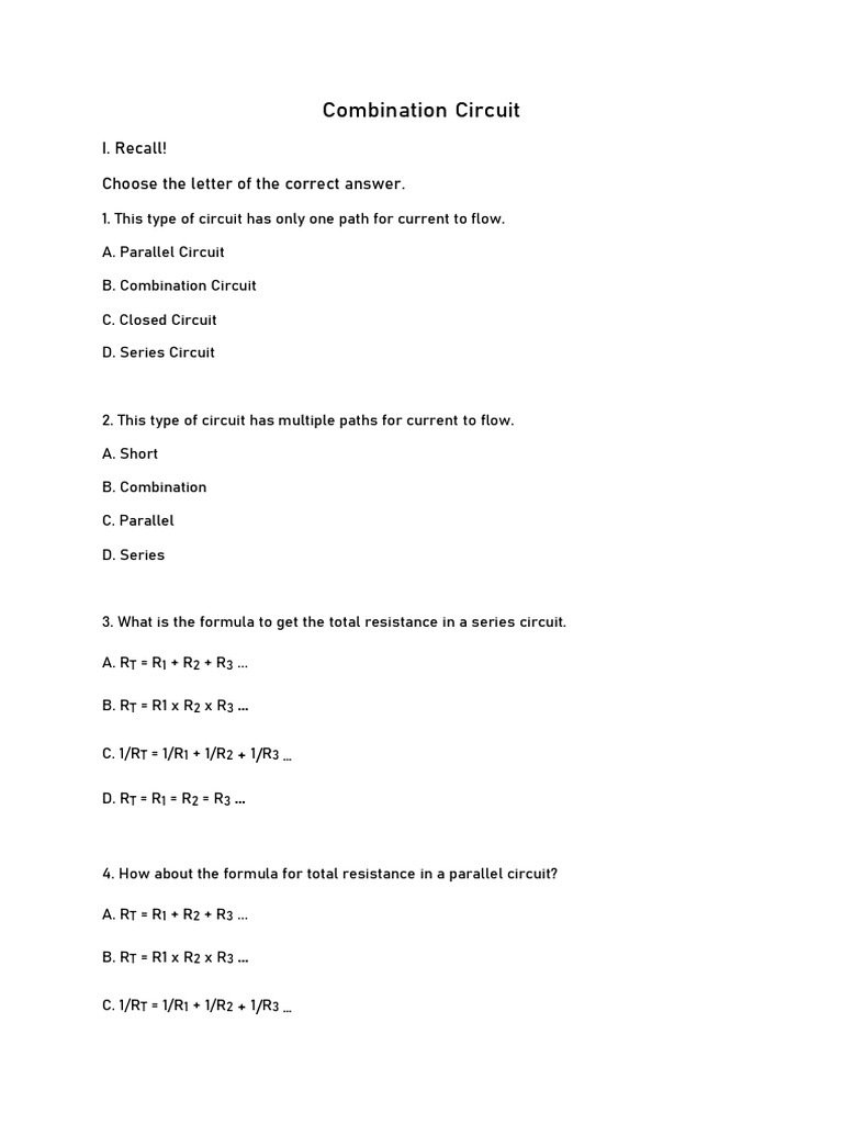Combination Circuit Quiz PDF