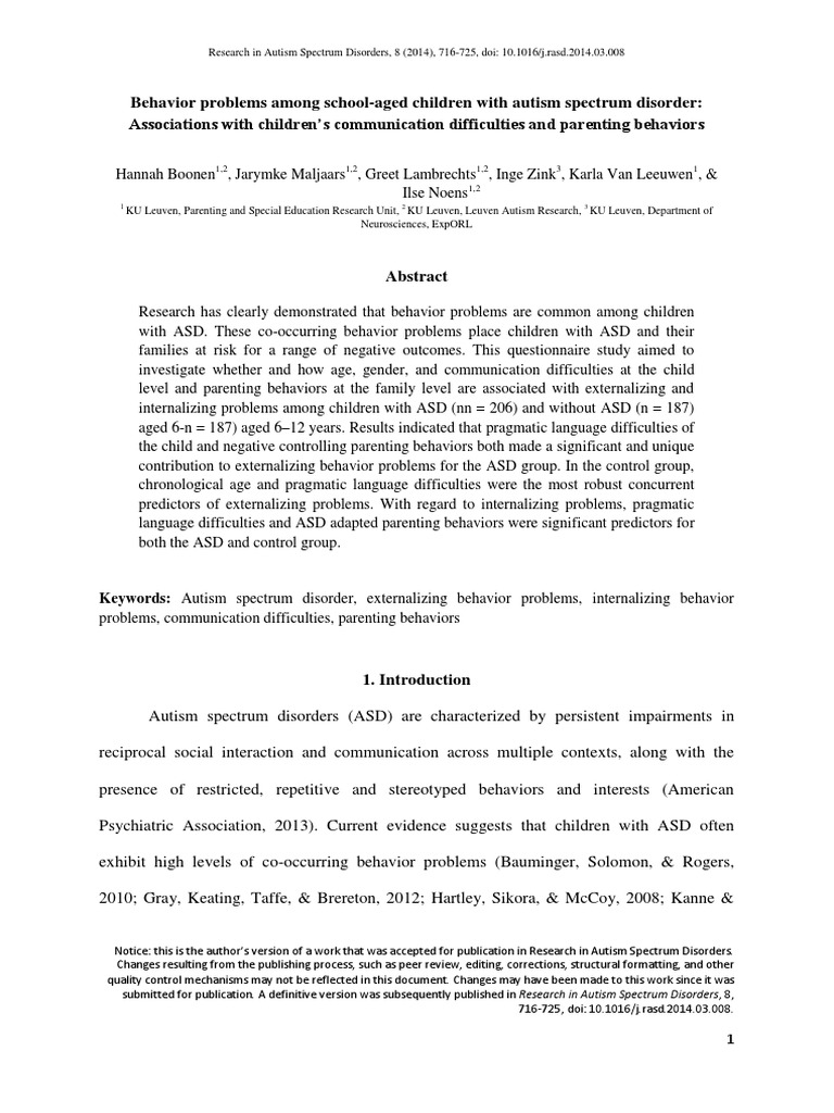 Behavior problems among school aged children with autism spectrum