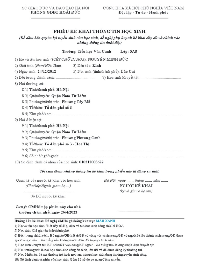 Phieu Ke Khai Thong Tin Tieuhocvancanh Minh Đ C 5a8 | PDF