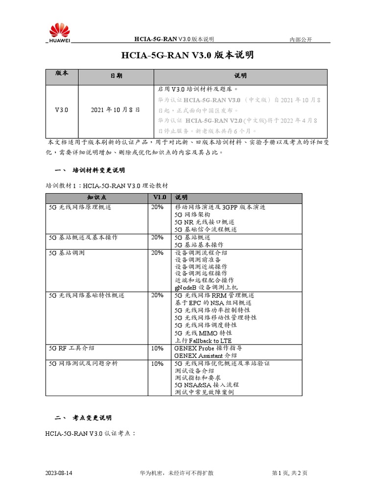 Hcia 5g Ran v3.0 版本说明| PDF