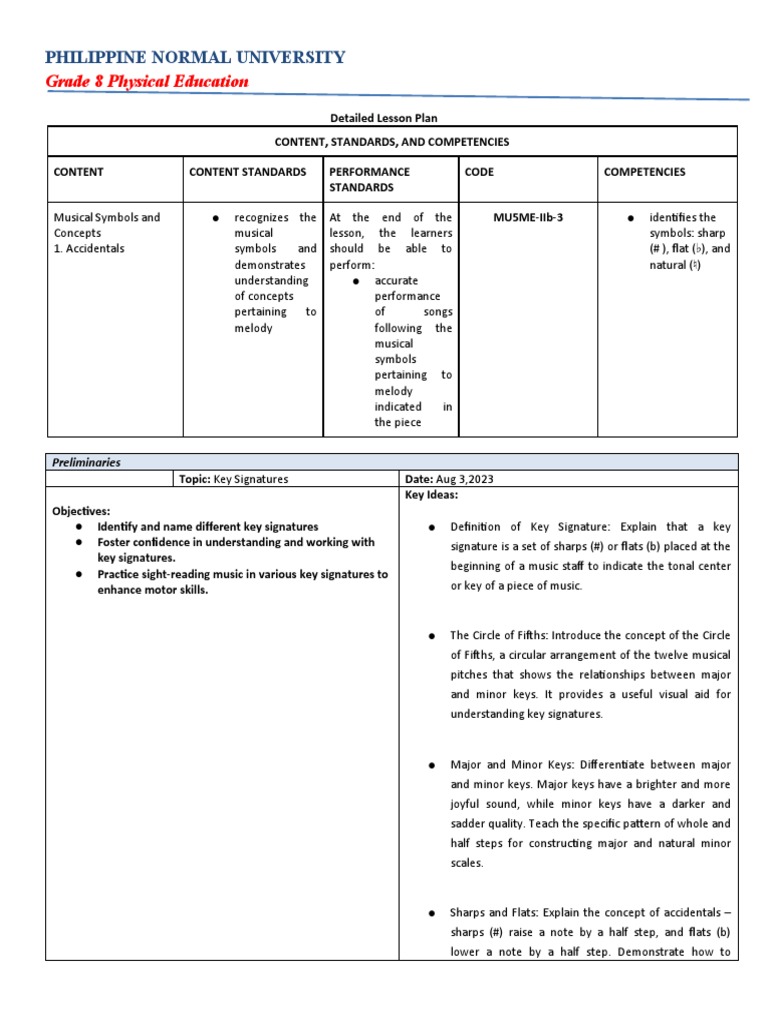 Grade 8 Music Lesson Plan: Key Signatures | PDF