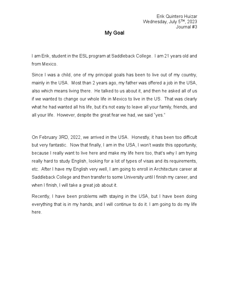 Erik's Journey: ESL Student Goals | PDF