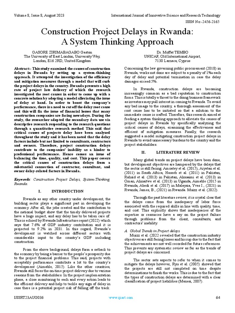 Construction project delays in rwanda a system thinking approach pdf