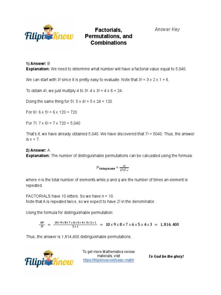Factorials Permutations and Combinations Answer Key PDF Permutation