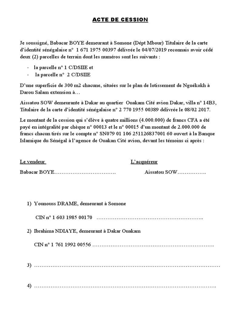 comment rédiger un acte de cession d une parcelle