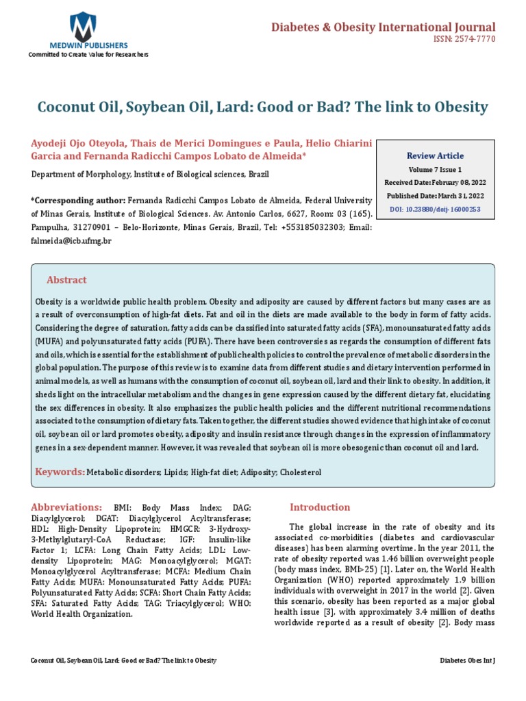 Coconut Oil Soybean Oil Lard Good or Bad The Link To Obesity | PDF