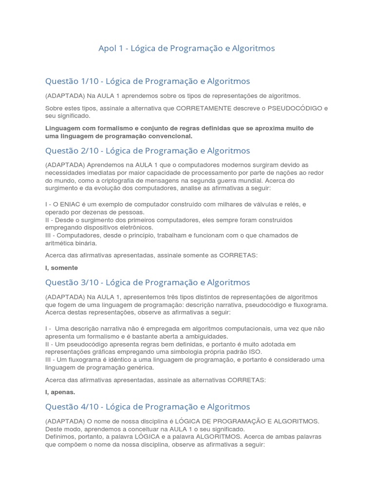 Representações de Algoritmos e Lógica | PDF | Algoritmos | Linguagem de ...
