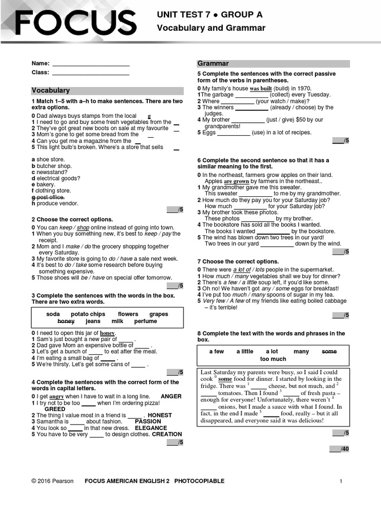 Focus 2 Unit Test 7: Vocabulary & Grammar | PDF
