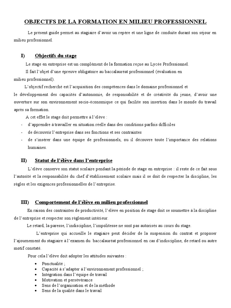 Guide du Stage en Milieu Professionnel | PDF | Business | Environnement ...