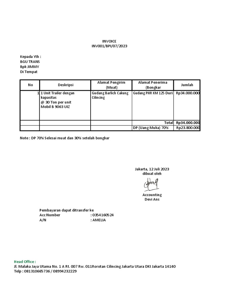 Invoice Trailer BGU TRANS Juli 2023 | PDF