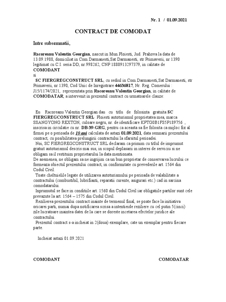 Contract de Comodat Auto | PDF