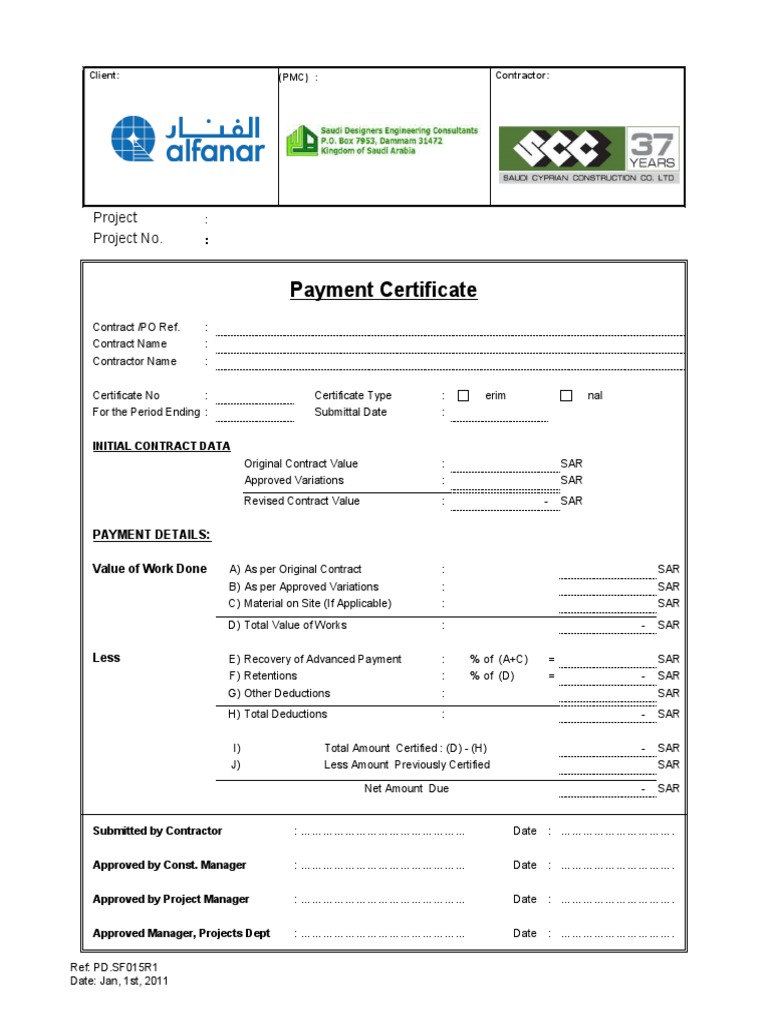 Payment Certificate Template for Projects | PDF | Business | Economies