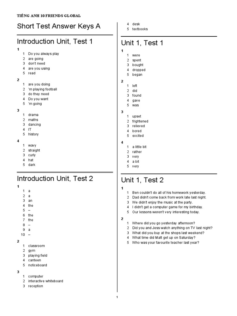 Short Test Answer Keys A | PDF
