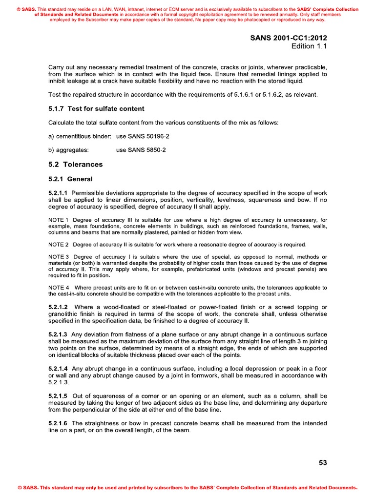 SANS 2001-CC1 Extract Tolerances | PDF