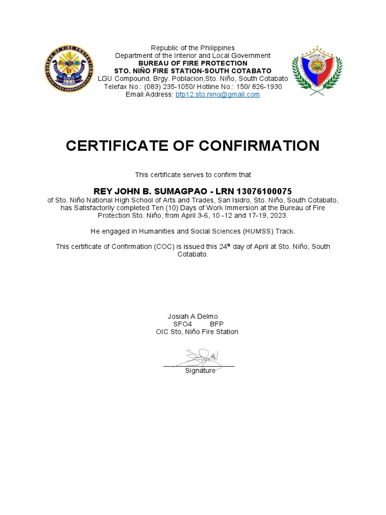 Certificate of Confirmation for Work Immersion | PDF