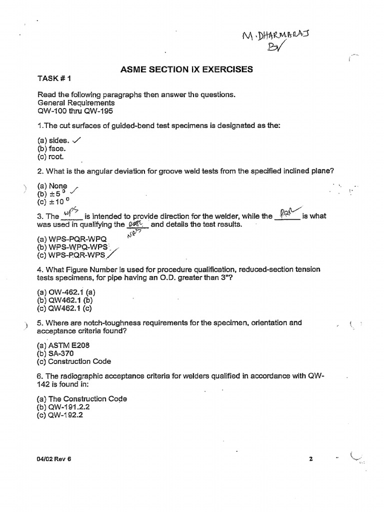 Asme Section 9 Exercises Api Asme Resources | PDF