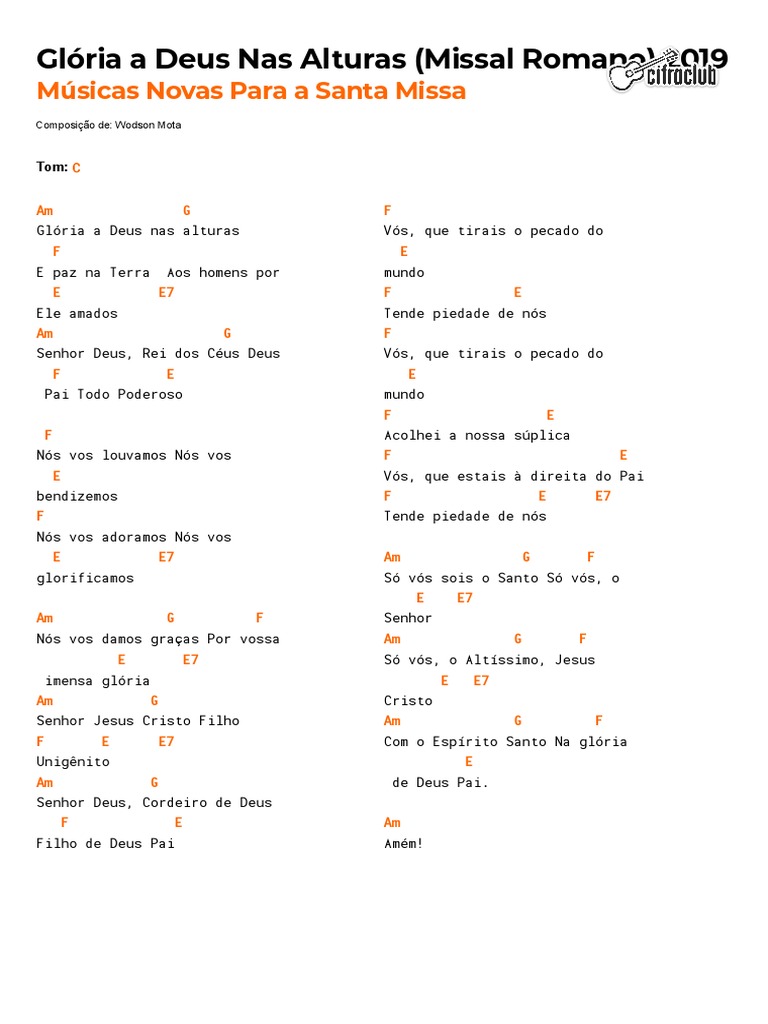 Cifra Club - Músicas Novas para A Santa Missa - Glória A Deus Nas ...