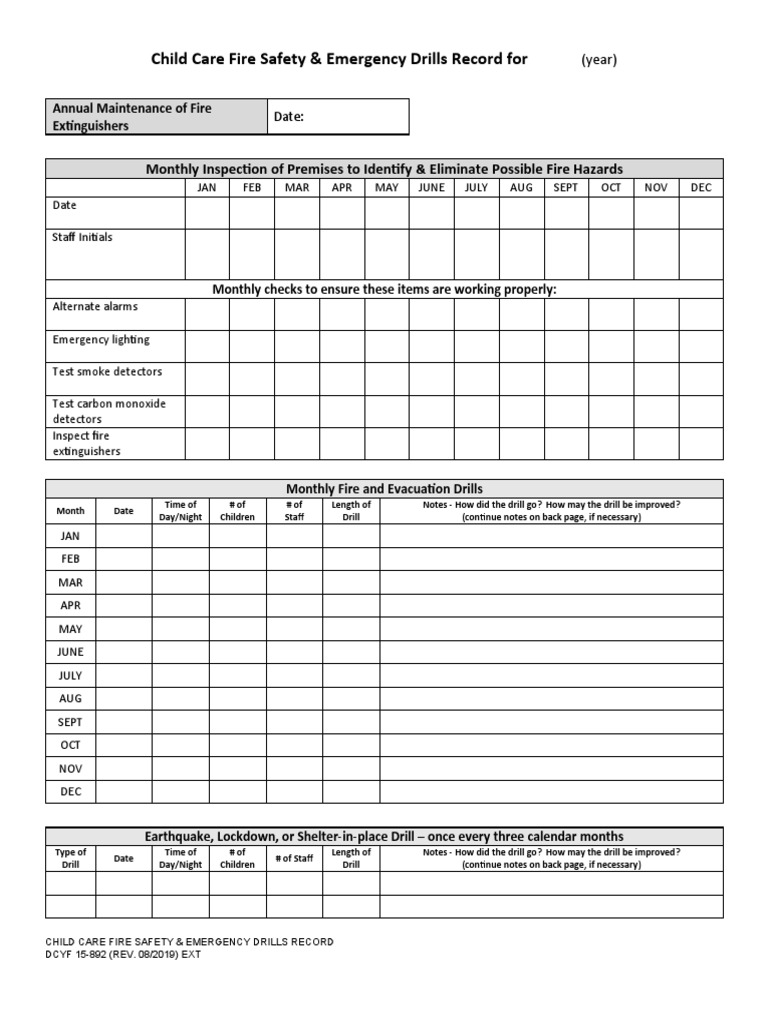 Child Care Fire Safety & Emergency Drills Record For PDF