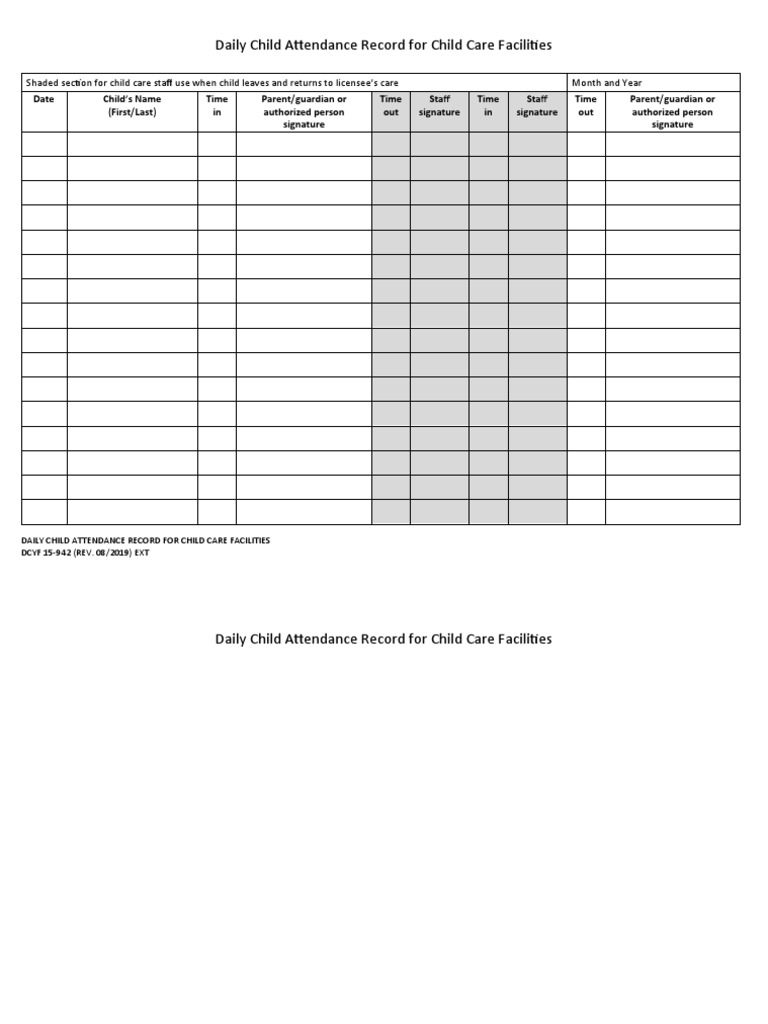 Daily Child Attendance Record For Child Care Facilities | PDF