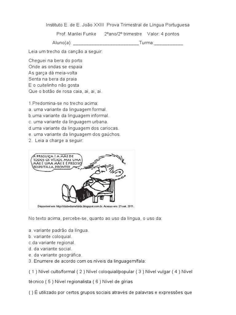 Atividades de Língua Portuguesa 2º Ano | PDF | Gramática | Linguística