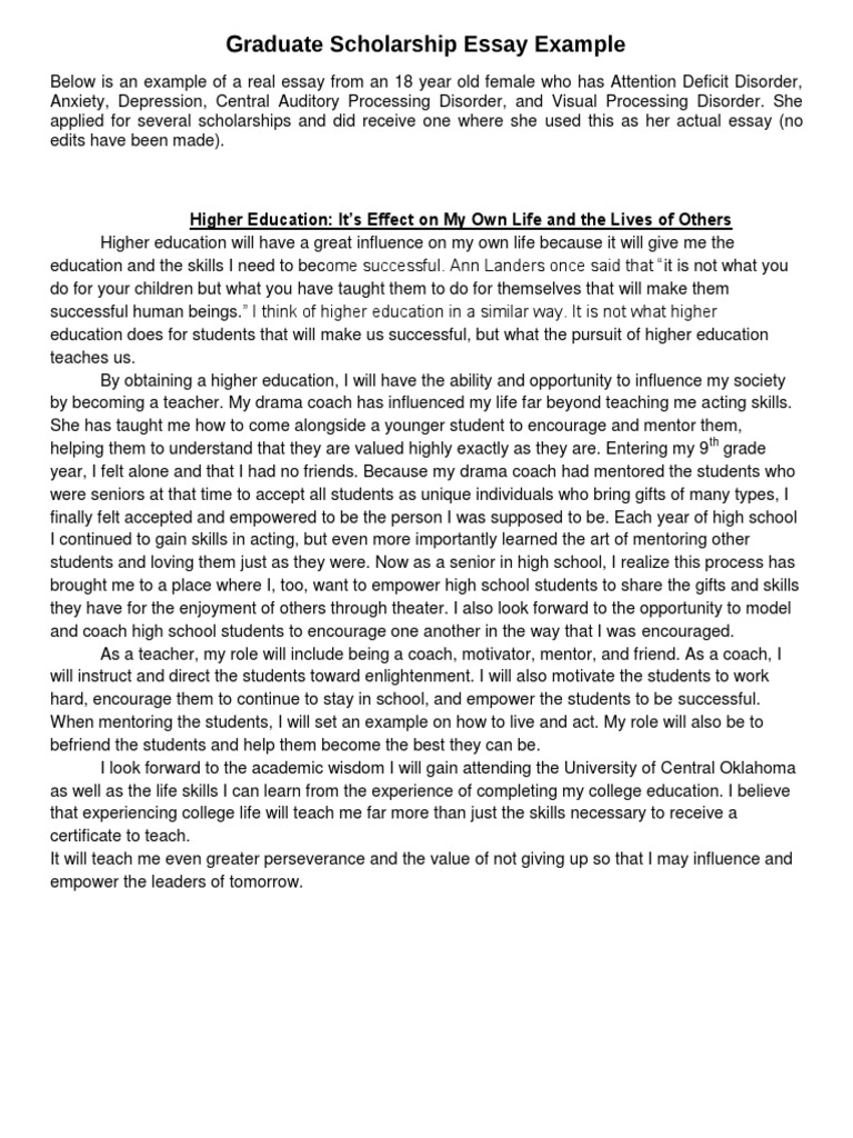 Graduate Scholarship Essay Example | PDF | Mentorship | Learning