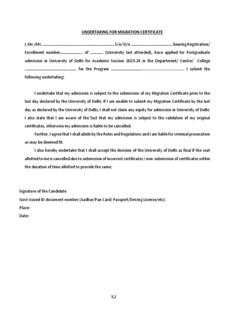 DU Migration Certificate Undertaking 2023 | PDF