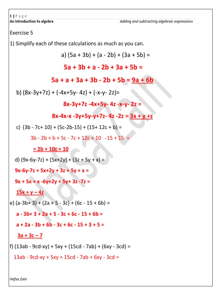 Adding and Subtracting Algebraic Expressions (Exercise5) Model Answer ...