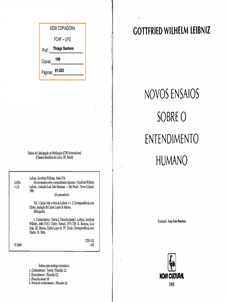 109cop - LEIBNIZ, G.W.Novos Ensaios Sobre o Entendimento Humano, P.01. ...