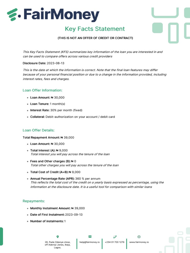 Loan Key Fact Statement PDF Loans Credit Card