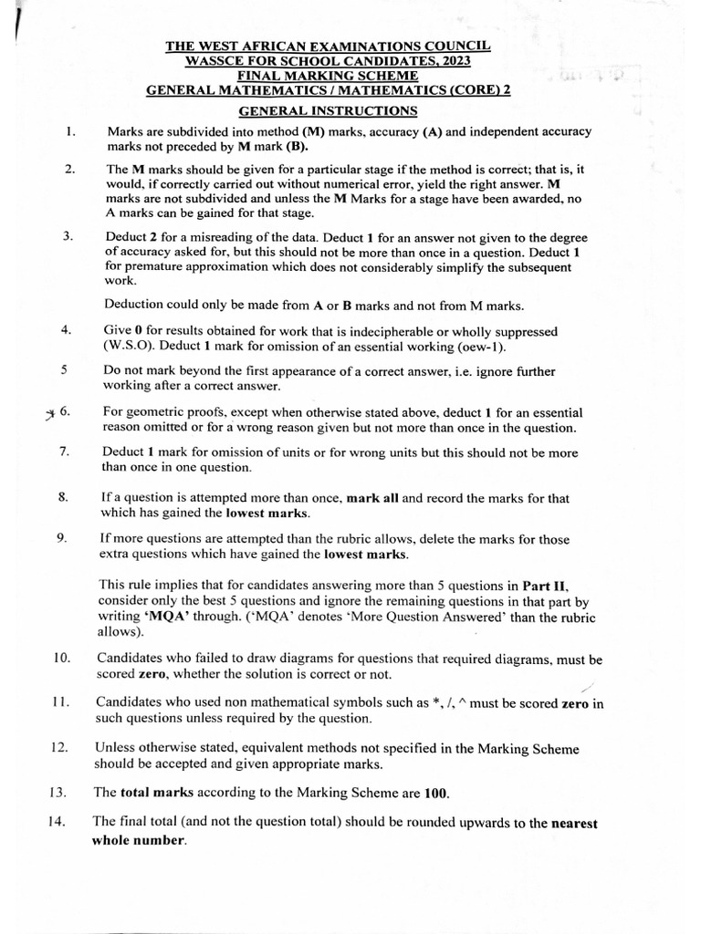 2023 WAEC Maths Marking Scheme PDF