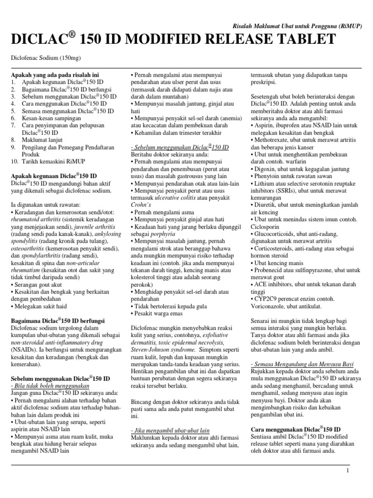 Diclac 150 ID Modified Release Tablet Diclofenac Sodium IMEKS PHARMA