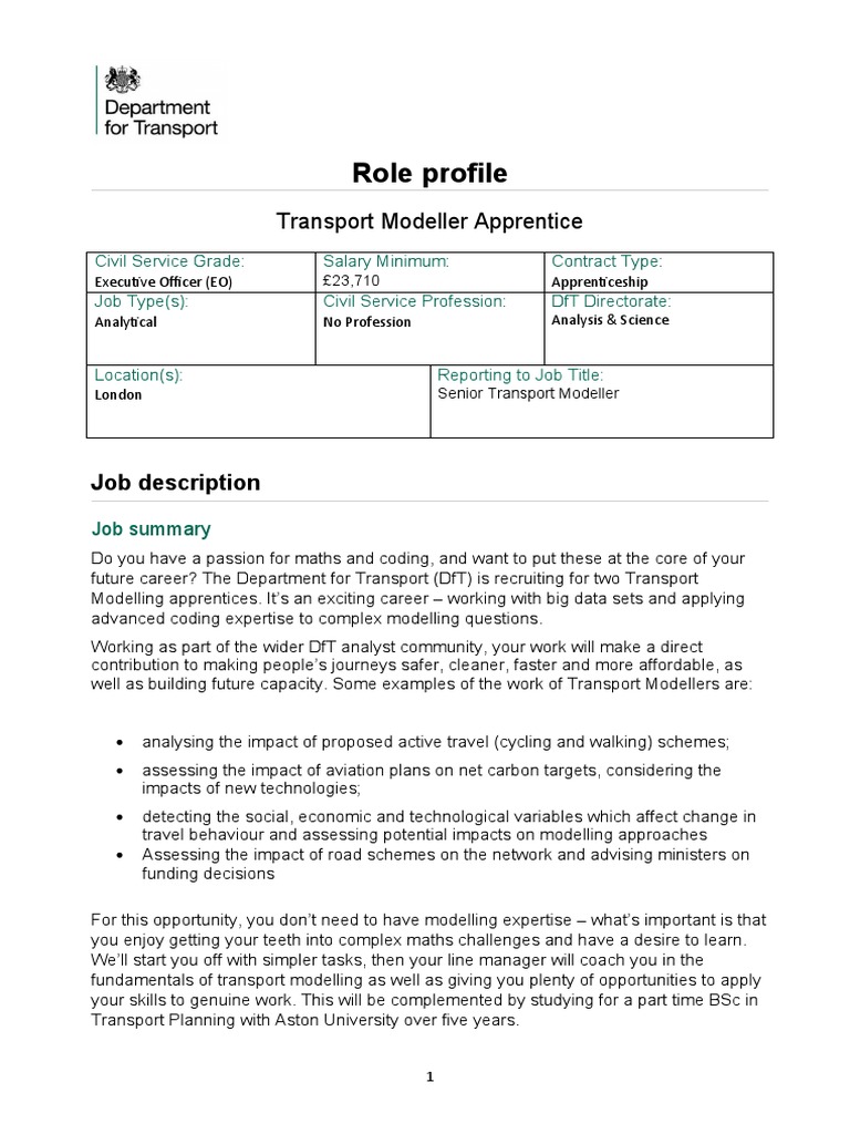Role Profile: Transport Modeller Apprentice | PDF | Career & Growth
