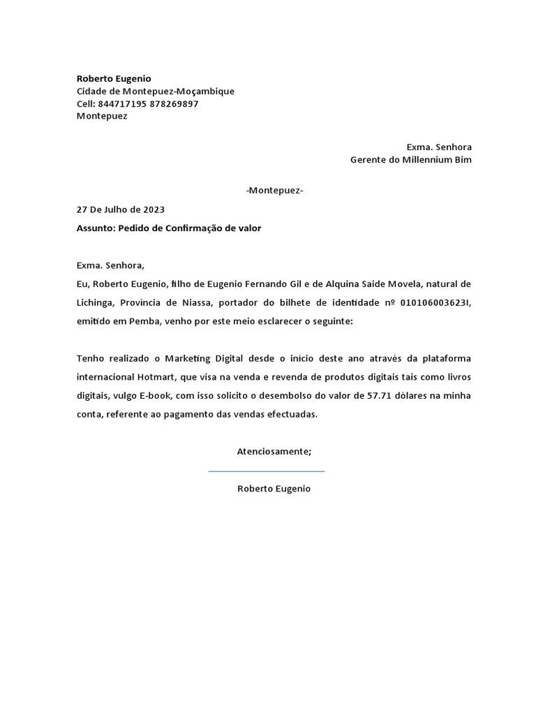 Carta para Milenium Bim | PDF