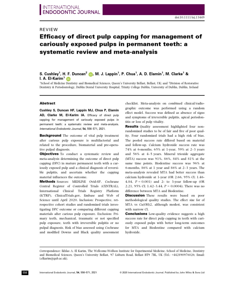Int Endodontic J - 2020 - Cushley - Efficacy of Direct Pulp Capping For ...