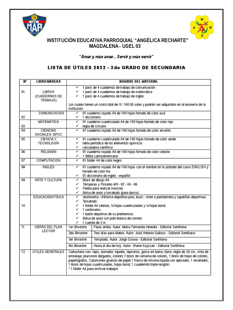 Lista de Utiles 2 Secundaria | PDF