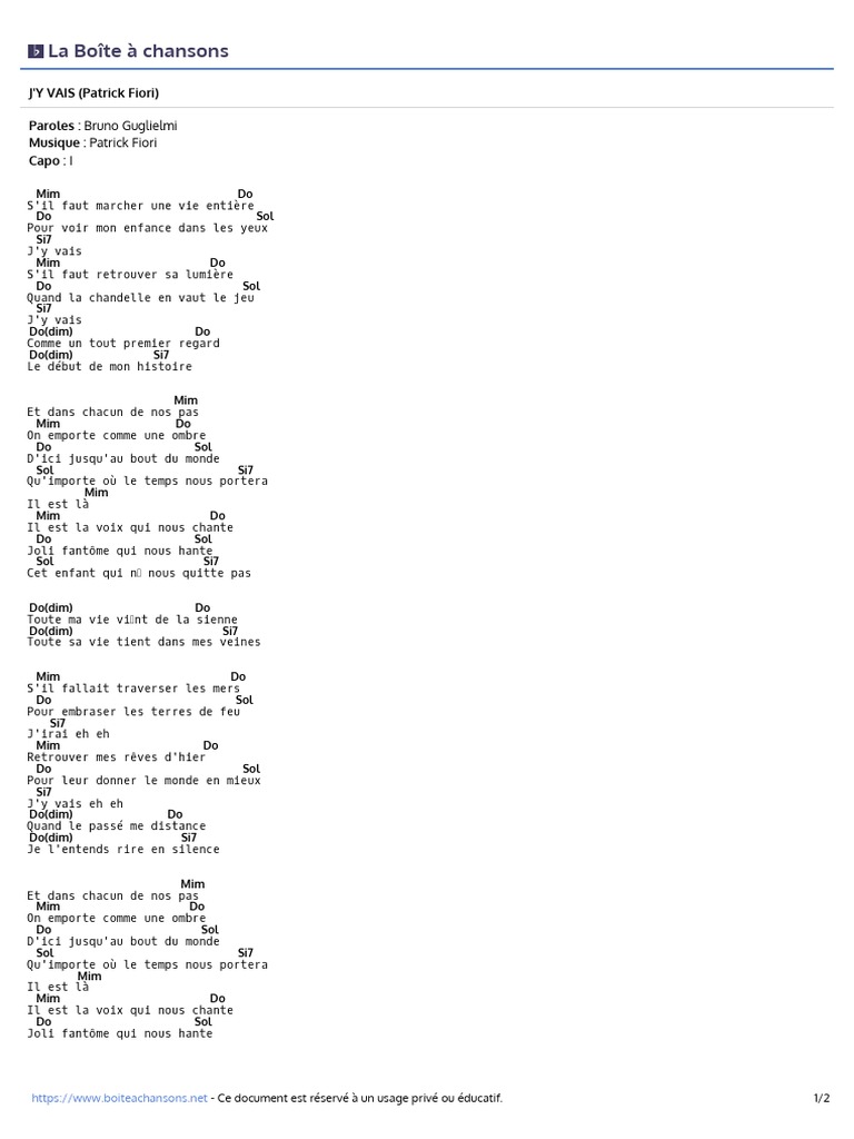 J'y vais Patrick Fiori La Boîte à chansons PDF
