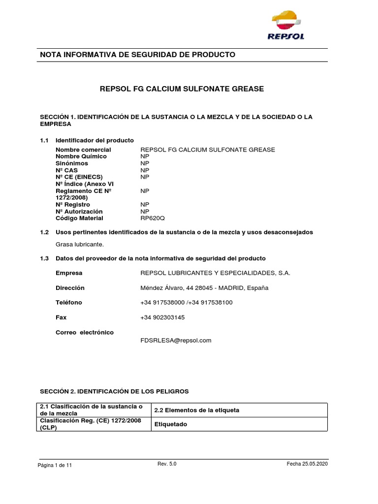 FG CALCIUM SULFONATE GREASEficha de Seguridad PDF