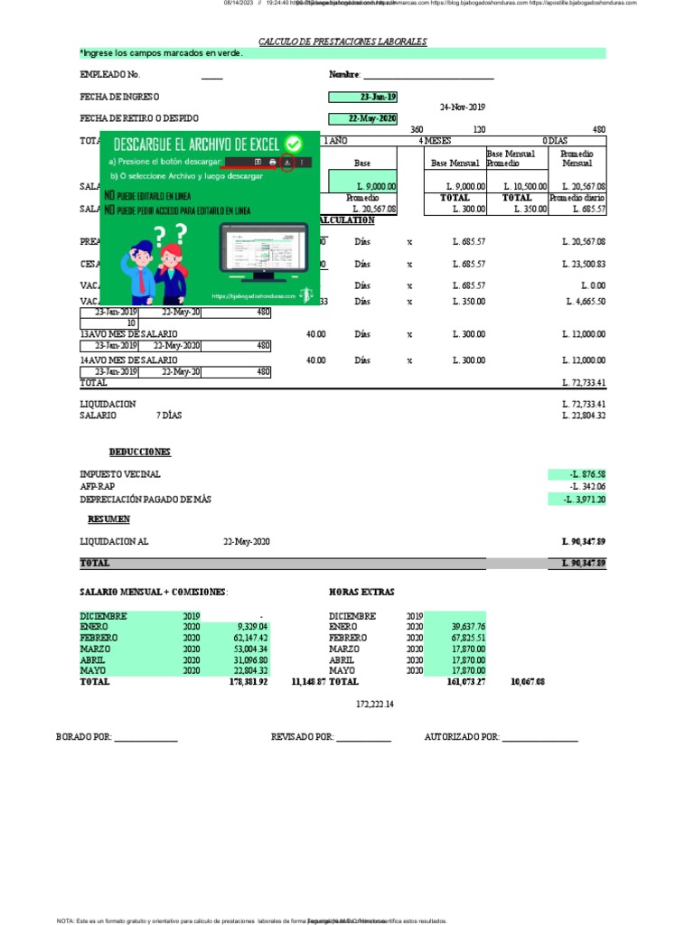 Formato calculo prestaciones laborales honduras liquidaci n laboral