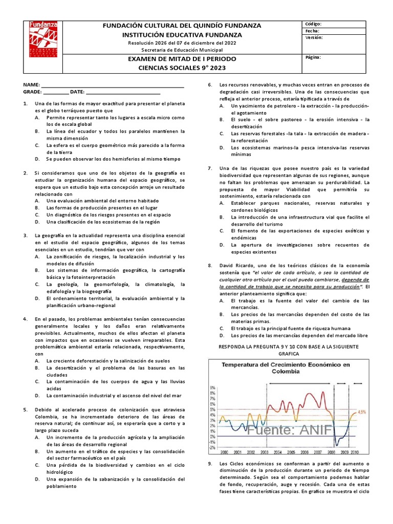Examen Mitad de I Período 9° Ciencias Sociales | PDF | Entorno natural ...