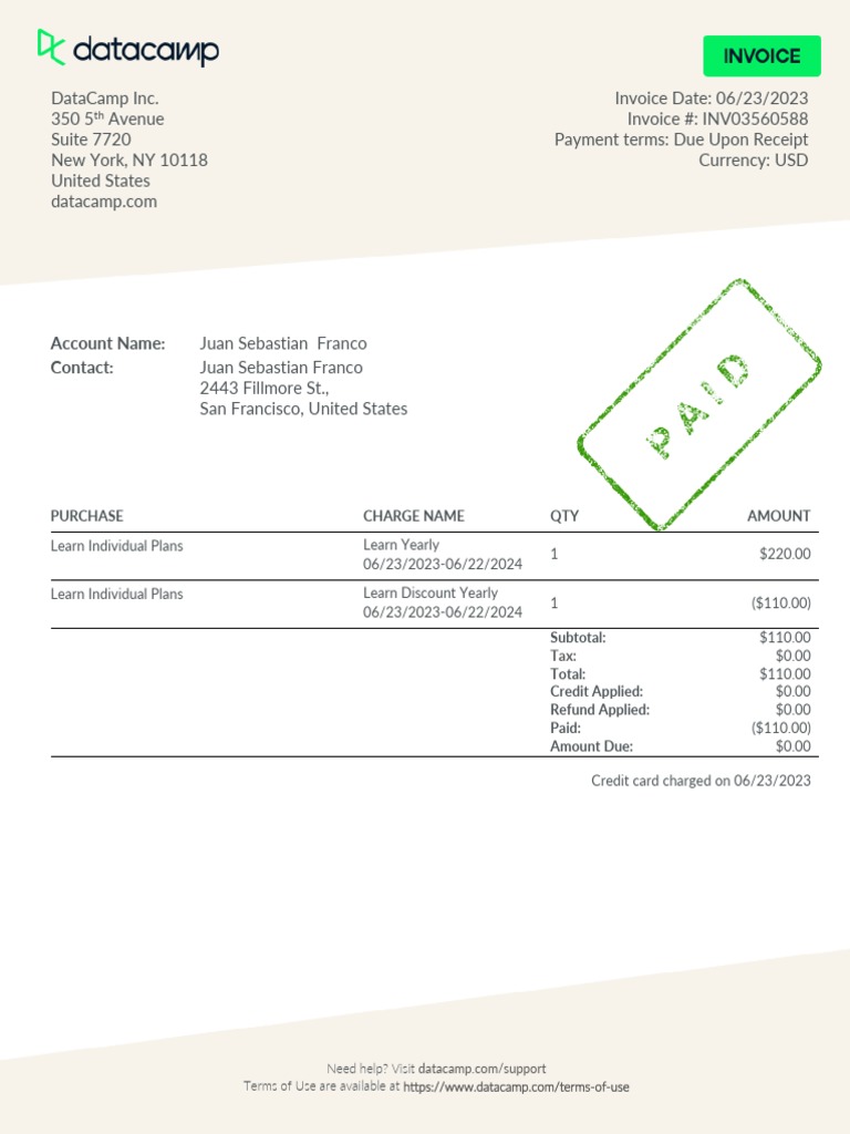 DataCamp Subscription Invoice Summary | PDF