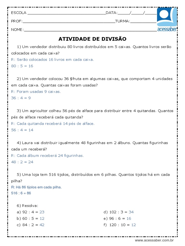 Atividade de Matematica Divisao Exata 3 Ano Respostas | PDF