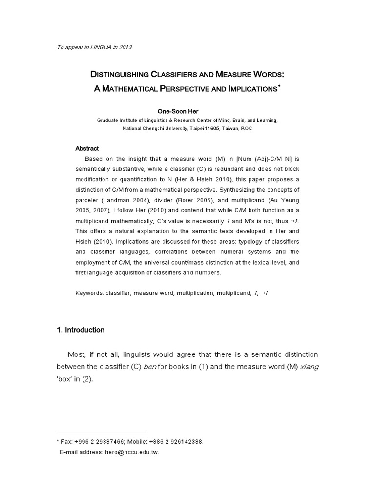 Distinguishing Classifiers and Measure Words A Mathematical Perspective ...