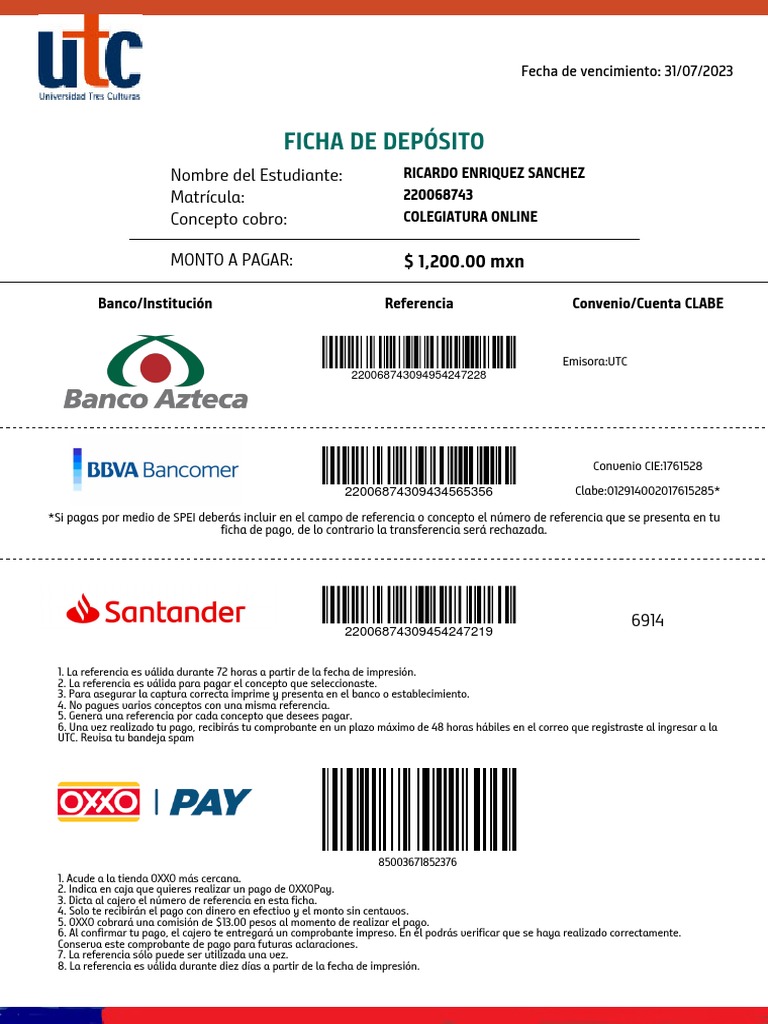 Ficha de Deposito de Pago | PDF | Dinero | Bancario
